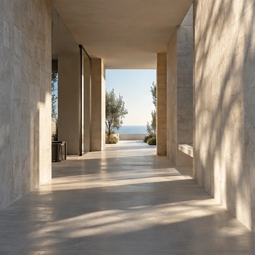 Sunlight crossing a quiet stone corridor