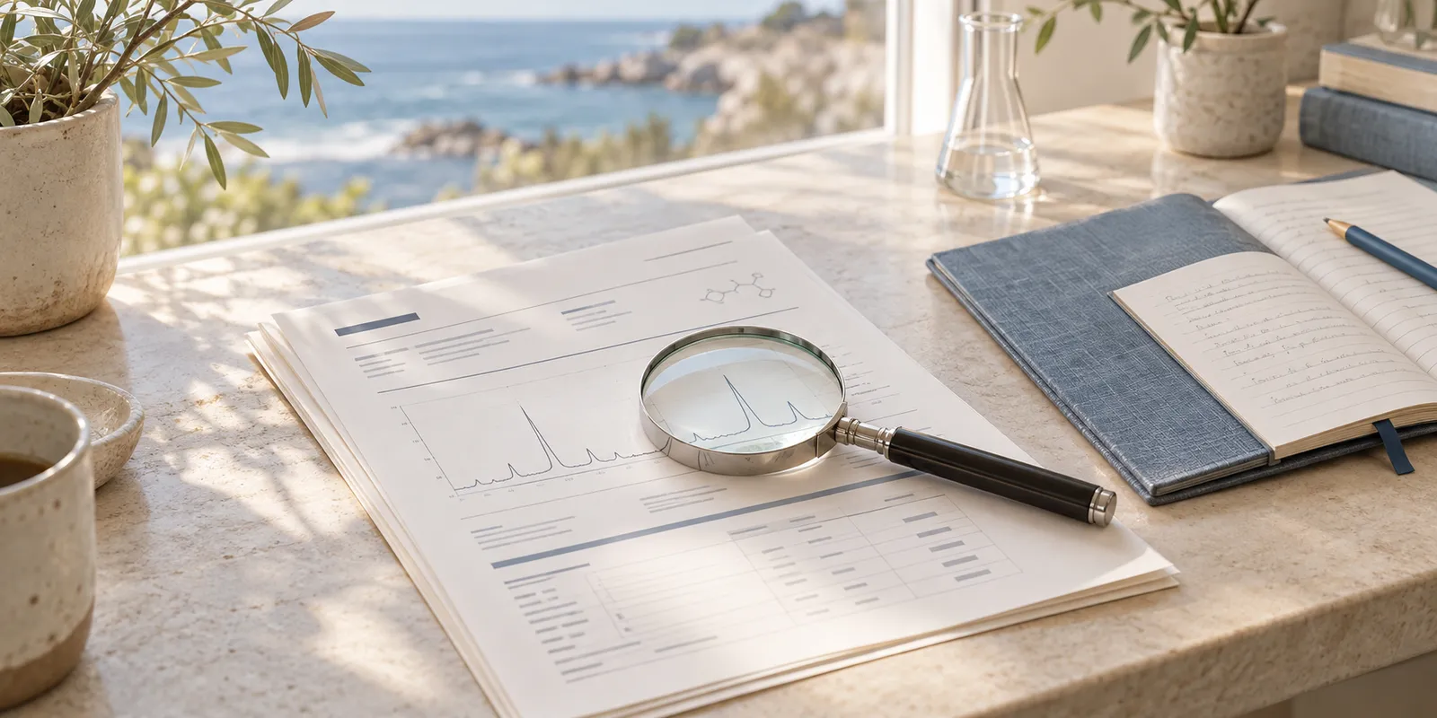 Illustrative laboratory report with a magnifying glass over a chart, beside a blue notebook on a sunlit desk