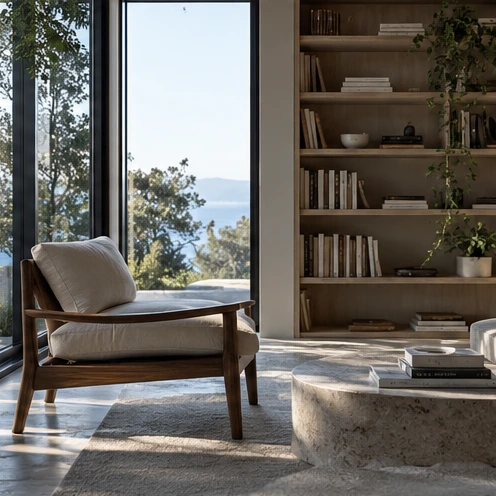 A calm reading room with a view toward the water